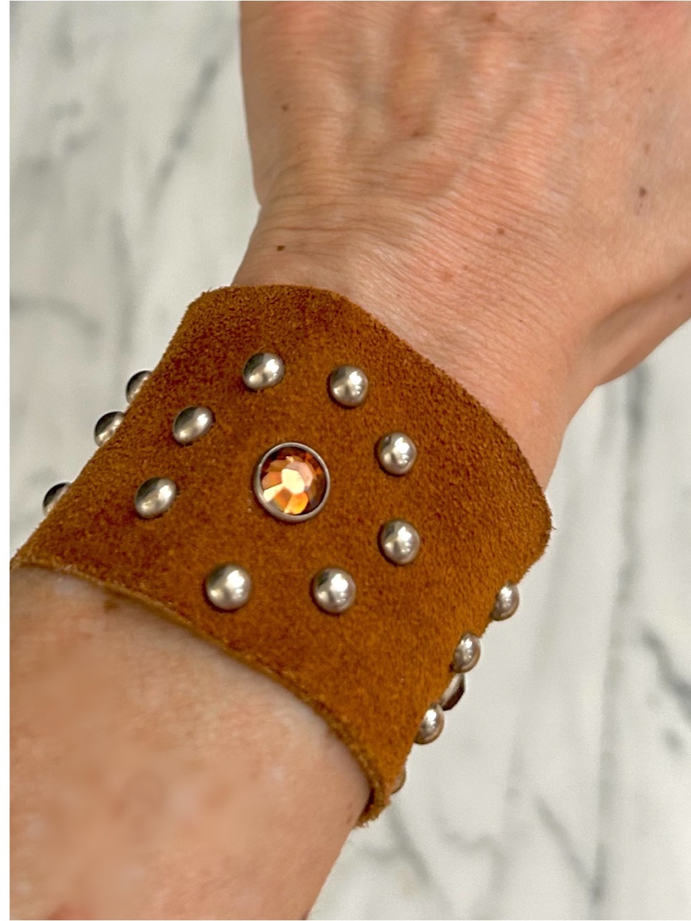 Vintage Genuine Brown Suede Leather Studded Rhinestone Wide Cuff Bracelet